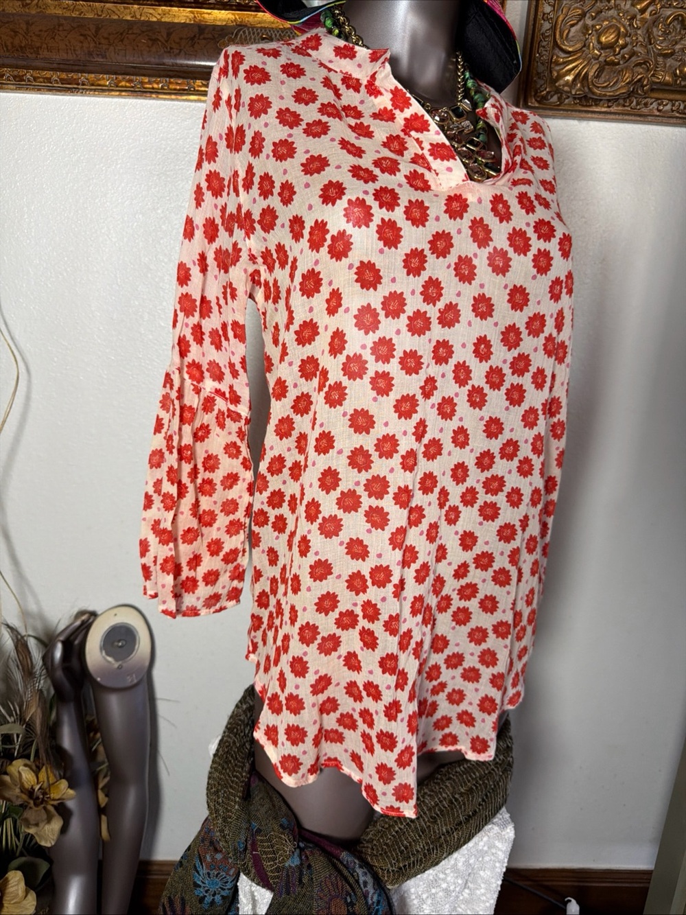 Rock Flower Paper Floral Orange & Cream 3/4 Sleeve Women's Tunic